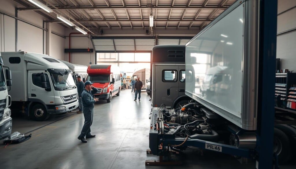 A well-lit and organized local truck repair shop, with a large garage door open to reveal a fleet of various-sized trucks and vans undergoing maintenance and repairs. The foreground shows a mechanic in overalls diligently working on the engine of a mid-sized delivery truck, surrounded by an array of tools and equipment. In the middle ground, other mechanics can be seen inspecting and servicing other vehicles, while the background depicts the workshop's interior, with shelves of spare parts and a clean, professional atmosphere. The scene is captured with a wide-angle lens, emphasizing the sense of a thriving, efficient, and customer-focused local truck repair business.