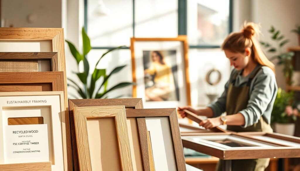 A well-lit, artfully composed image showcasing sustainable framing practices. The foreground features a selection of eco-friendly framing materials, including recycled wood, FSC-certified timber, and conservation-grade matting. Carefully arranged in an inviting, minimalist display, these materials subtly convey their environmental benefits. In the middle ground, a frame maker diligently crafts a bespoke piece, their skilled hands and focused expression captured in soft, warm lighting. The background depicts a tranquil, plant-filled studio space, evoking a sense of harmony between craftsmanship and sustainability. The overall mood is one of thoughtful, responsible artistry, inspiring viewers to consider the impact of their framing choices.