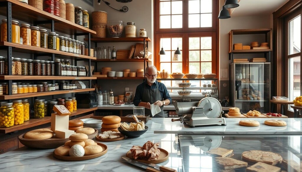 A well-lit artisanal deli interior, with cozy wooden shelves stocked with premium charcuterie, jars of house-made pickles, and freshly baked breads. In the foreground, a marble-topped counter displays an array of handcrafted cheeses and delicate pastries. The deli's skilled proprietor stands behind the counter, slicing paper-thin prosciutto using a vintage meat slicer. Soft natural light streams in through large windows, casting a warm, inviting glow on the refined, rustic setting. The overall atmosphere evokes a sense of quiet elegance and culinary craftsmanship.