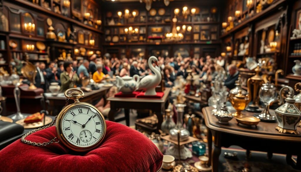 A well-lit auction hall, filled with a diverse array of captivating relics and curios. In the foreground, a gleaming antique pocket watch rests on a deep burgundy velvet cushion, its intricate mechanisms glinting under the soft spotlights. In the middle ground, a delicate porcelain figurine of a regal swan takes center stage, surrounded by an eclectic assortment of vintage glassware, ceramic vases, and ornate jewelry pieces. The background is a hazy blur of ebony wood furnishings and a sea of eager bidders, creating an atmosphere of both excitement and reverence for the unique treasures on display. The overall scene exudes a sense of refined sophistication and the thrill of the hunt, inviting the viewer to imagine the stories and histories behind each remarkable item.
