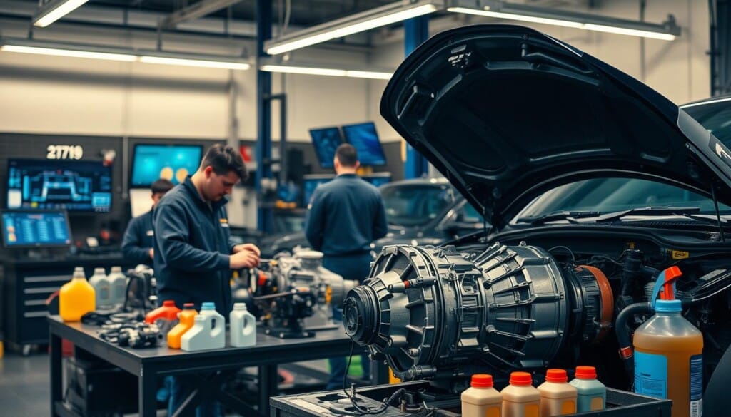 A well-lit automotive repair shop, with a team of skilled technicians working on a car's transmission. The foreground features a mechanic inspecting the transmission components, using specialized tools and equipment. The middle ground showcases a range of transmission parts and fluids, neatly organized on workbenches. In the background, a set of diagnostic screens and computer monitors displays technical data, while the ambient lighting casts a warm, professional atmosphere. The overall scene conveys a sense of expertise, efficiency, and a dedication to providing reliable transmission repair services.