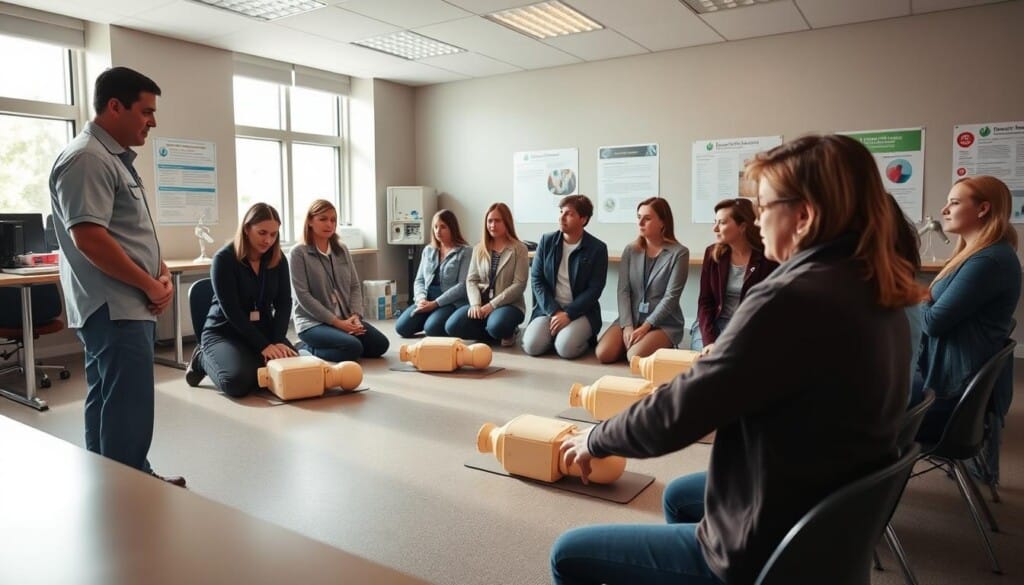 A well-lit classroom setting, with a group of adults attentively focused on a CPR demonstration. The instructor, wearing a medical uniform, stands at the front of the room, guiding the students through the proper techniques of chest compressions and rescue breaths on a CPR manikin. The students, dressed in casual work attire, are arranged in pairs, practicing the lifesaving procedures with a sense of seriousness and dedication. Soft, natural lighting filters in through large windows, creating a warm, educational atmosphere. The room is equipped with medical equipment and informational posters, conveying the importance of CPR certification.