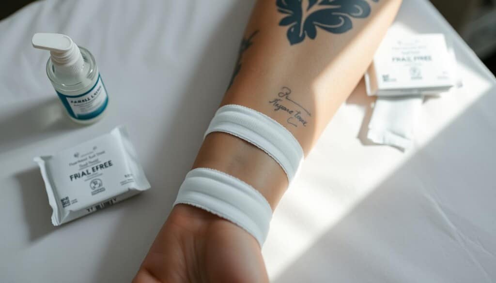 A well-lit, close-up photograph of a person's bandaged forearm, showcasing proper tattoo aftercare. The arm rests on a clean, white surface, with a bottle of fragrance-free lotion and a pack of sterile gauze pads nearby. The lighting is soft and diffused, emphasizing the delicate, healing skin. The composition focuses on the bandaged area, with a slight angle to provide depth and perspective. The overall mood is clinical yet caring, conveying the importance of responsible tattoo hygiene and aftercare practices.