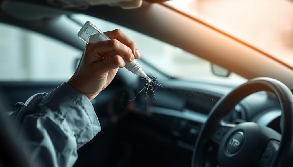 A well-lit, close-up view of a car dashboard, showcasing the window repair process. The foreground focuses on a technician's hands meticulously applying a resin-based solution to a small crack or chip in the windshield. The middle ground provides a clear view of the windshield, allowing the viewer to observe the repair technique in detail. The background subtly depicts the interior of the car, with a softly blurred view of the steering wheel and other dashboard elements, establishing the context. The lighting is natural, with a soft, even illumination that highlights the precision of the repair work. The overall atmosphere conveys a sense of expertise and care in the windshield repair process.