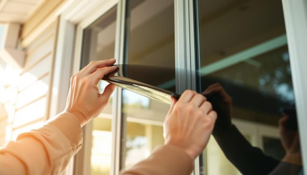 A well-lit, close-up view of a professional window film installation process. In the foreground, a skilled technician's hands carefully applying a high-quality tinting film to a large residential window, smoothing out bubbles and ensuring a seamless, flawless application. The middle ground shows the window frame and surrounding architectural details, providing context. The background softly blurs, emphasizing the focus on the intricate installation technique. The lighting is natural and diffused, creating a warm, inviting atmosphere that showcases the precision and care taken in this specialized home improvement task.
