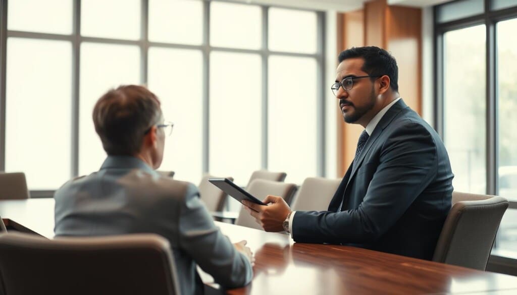 A well-lit conference room with a wooden table and comfortable chairs. A person, dressed in a professional suit, sits across from a potential civil rights attorney, who is making notes on a tablet. The attorney's expression is thoughtful and attentive, conveying expertise and empathy. The room has a sense of quiet contemplation, with soft natural light filtering through large windows, highlighting the importance of the decision being made. The overall mood is one of trust, consideration, and the gravity of the civil rights issue at hand.