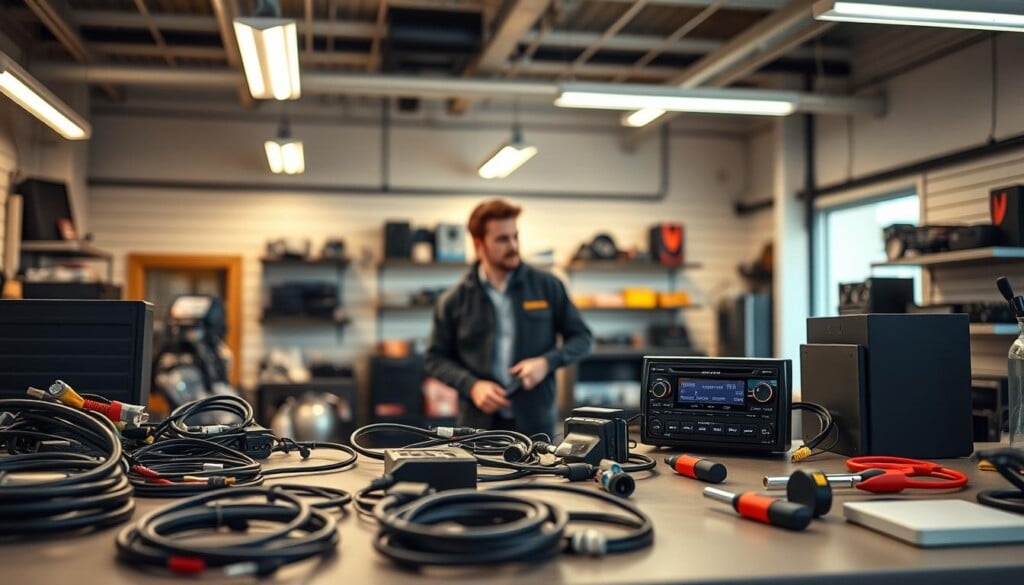 A well-lit, contemporary auto repair shop with an inviting, clean interior. In the foreground, a neatly organized workbench showcases various car stereo components, cables, and tools. In the middle ground, a customer consults with a knowledgeable technician, discussing the installation process for a new in-dash receiver. The background features shelves stocked with aftermarket car audio equipment, reflecting the shop's expertise and comprehensive offerings. Soft, warm lighting creates a professional, yet approachable atmosphere, conveying the shop's commitment to providing exceptional customer service and high-quality car stereo installations.