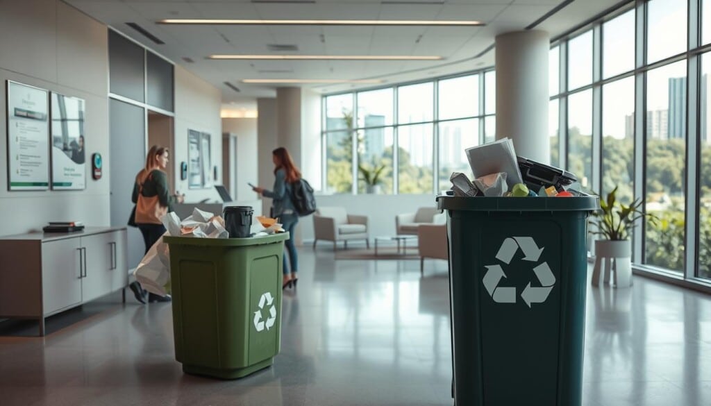 A well-lit corporate office setting, with a large recycling bin prominently placed in the foreground. Employees diligently sorting and depositing various recyclable materials - paper, plastic, and metal - into the bin. Subtle signage and informative posters on the walls highlight the company's commitment to sustainability and environmental responsibility. The middle ground features a clean, modern reception area with sleek, minimalist furniture. In the background, an expansive window offers a scenic view of a thriving, green urban landscape, underscoring the corporate's role in promoting a more eco-friendly community.