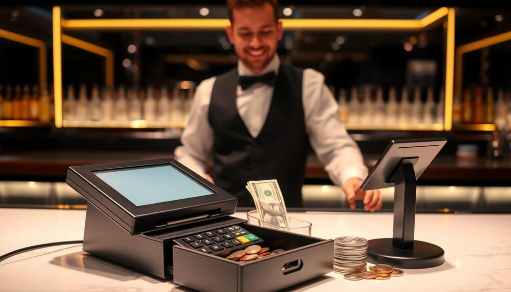 A well-lit countertop with a sleek, modern cash register and a touch screen payment terminal. Crisp $20 bills and shiny coins rest in an organized cash drawer. A bartender in a crisp white shirt, black vest, and bowtie stands behind the counter, ready to process the transaction with a friendly, professional demeanor. The background features a polished mirrored surface, creating a sense of depth and reflection. Subtle ambient lighting casts a warm glow, setting a welcoming, efficient atmosphere for a seamless payment experience.