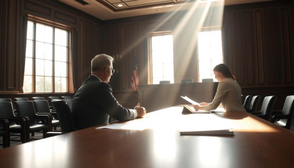 A well-lit courtroom interior with a podium and chairs for legal counsel. In the foreground, a client sits at the table, intently listening to their attorney explain documents and case details. Rays of sunlight stream in through large windows, casting a warm, authoritative glow over the scene. The judge's bench is visible in the background, suggesting the gravity and formality of the legal proceedings. The mood conveys a sense of empowerment, as the client is supported and guided through the complexities of the justice system by their dedicated legal representative.