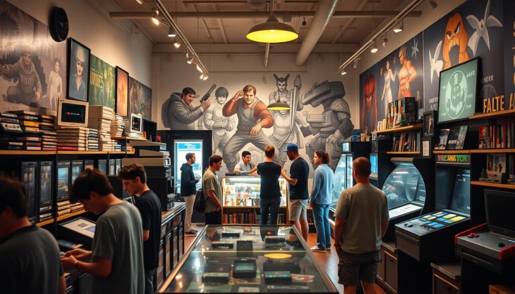 A well-lit, cozy local game shop, with a vintage aesthetic and a bustling atmosphere. In the foreground, customers browse through rows of retro game consoles, shelves filled with classic titles. The middle ground features a glass display case showcasing the latest gaming merchandise, while a group of friends gather around a demo station, engaged in a friendly multiplayer session. In the background, a large mural depicts iconic video game characters, casting a nostalgic glow over the scene. Soft lighting and warm tones create an inviting, immersive environment, capturing the essence of a thriving local gaming experience.