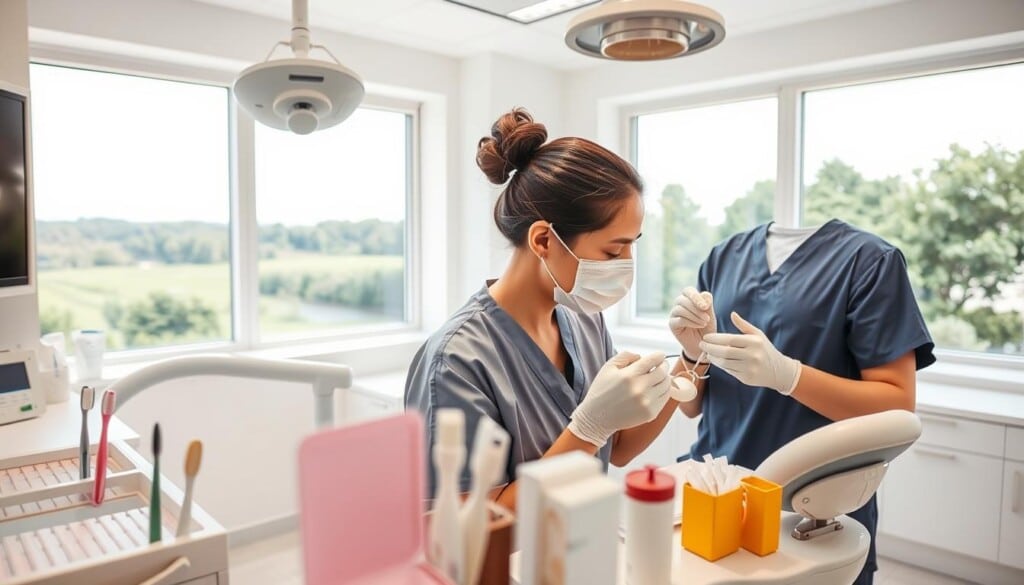 A well-lit dental clinic interior, with clean white walls and modern equipment. In the foreground, a dentist in scrubs examines a patient's teeth, using a dental mirror and gentle tools. The middle ground features a variety of dental care products, including toothbrushes, floss, and whitening trays. In the background, a panoramic window offers a calming view of a lush, green landscape. The overall atmosphere exudes professionalism, comfort, and a focus on personalized, high-quality cosmetic dental care.