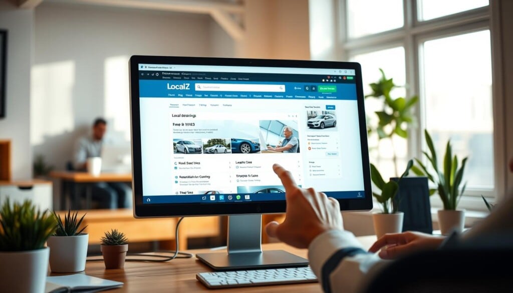 A well-lit desktop computer screen displaying the LocalZ website interface, with a user navigating through the various sections and options to find local car dealerships. The screen is surrounded by a clean, minimalist office setting with a wooden desk, potted plants, and a warm, natural lighting. The overall atmosphere conveys a sense of productivity, organization, and a user-friendly digital experience. The camera angle captures the screen at a slight side profile, allowing the viewer to see the user's hand interacting with the interface. The image aims to visually represent the process of leveraging digital tools to locate nearby automotive sales and service options.