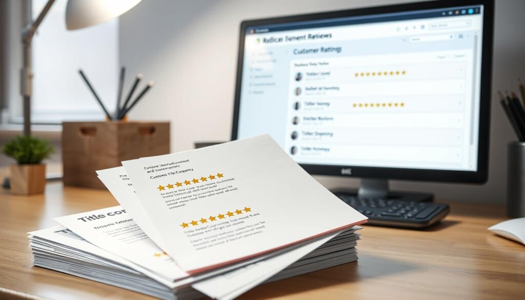 A well-lit desktop showcasing a stack of customer review printouts, each with a distinct company logo and star rating. In the background, a digital display presents an aggregated rating of various title companies, with a clean and intuitive user interface. The scene radiates a sense of trust, transparency, and informed decision-making, capturing the essence of the "Reading Reviews and Ratings" section of the "Retirement Housing Options in the USA 2023" article.