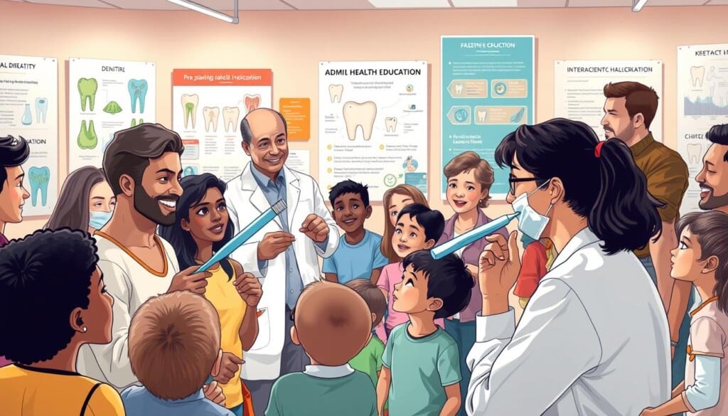 A well-lit, detailed illustration of a group of diverse people engaged in a dental health education session. In the foreground, a dentist demonstrates proper brushing and flossing techniques using oversized props. In the middle ground, adults and children of various ages listen attentively, with a mix of curiosity and understanding on their faces. The background features informative posters, diagrams, and interactive displays that visually convey key oral health concepts. The overall scene evokes a warm, welcoming atmosphere that encourages learning and promotes good dental hygiene habits.