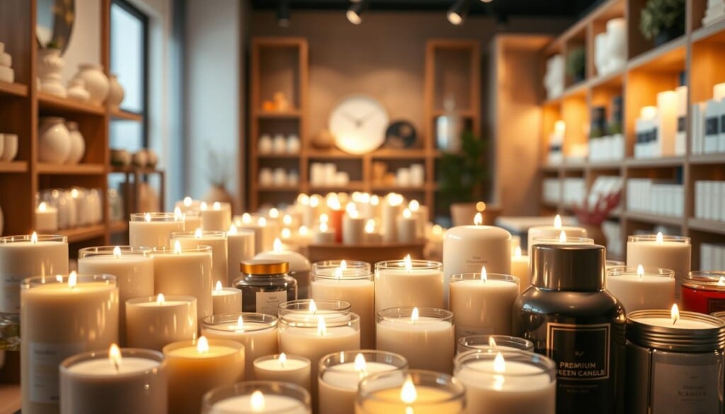 A well-lit display of premium scented candles in a cozy, inviting candle store. The foreground features an array of artfully arranged candles in various shapes, sizes, and hues, their wicks glowing softly. The middle ground showcases the store's minimalist yet sophisticated shelving and decor, creating a warm, soothing ambiance. The background depicts a subtly blurred, inviting interior with wooden accents and soft lighting, drawing the viewer into the serene, indulgent ritual of candle shopping. High-quality, photorealistic rendering with a focus on the intricate textures, reflections, and subtle shadows of the candles and their surroundings.