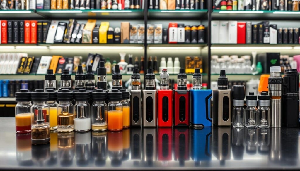 A well-lit display of vape mods, tanks, and accessories neatly arranged on a sleek black counter. In the foreground, an array of various e-liquid flavors in glass bottles catch the light. In the middle ground, a selection of stylish vaporizers in a range of colors stand upright, showcasing their intricate designs. The background features shelves stocked with a variety of smoking accessories, including premium glass pipes, rolling papers, and high-quality lighters. The overall scene exudes a sense of professionalism and attention to detail, perfectly capturing the essential products one might expect to find in a top-notch smoke shop.