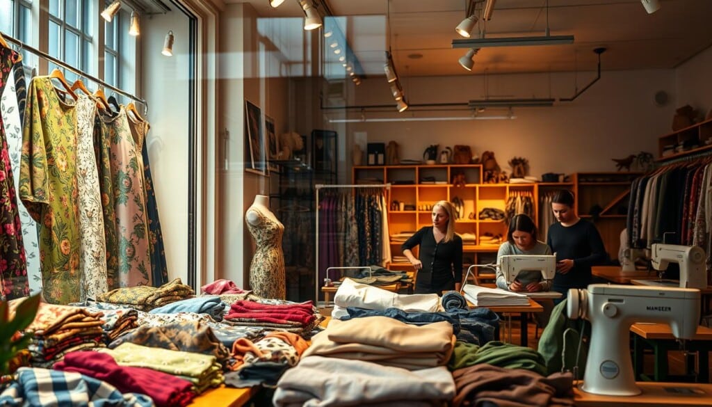 A well-lit dressmaker's shop, its windows displaying a captivating array of sustainable fashion trends. In the foreground, a vibrant array of eco-friendly fabrics and textures, artfully arranged on display. In the middle ground, skilled tailors and seamstresses meticulously craft contemporary garments, their hands moving with practiced precision. The background reveals a cozy, inviting atmosphere, with warm lighting, wooden accents, and a sense of timeless craftsmanship. The overall scene conveys a harmonious balance of modern style and time-honored artistry, reflecting the latest sustainable fashion directions within the dressmaker's domain.