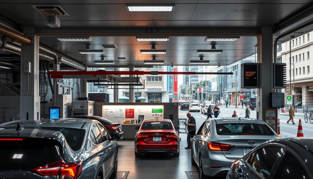 A well-lit emissions testing station nestled in an urban setting, featuring an array of state-of-the-art diagnostic equipment. The foreground showcases several vehicles undergoing rigorous emissions checks, with technicians meticulously inspecting tailpipe emissions. In the middle ground, the station's spacious interior is visible, adorned with informative signage and a welcoming customer service desk. The background depicts a bustling city street, with passing pedestrians and other businesses, creating a sense of the station's integration within the local community. The overall atmosphere conveys a professional, efficient, and environmentally-conscious approach to vehicle emissions testing.