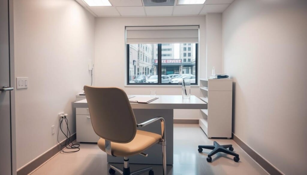 A well-lit examination room, crisp white walls and linoleum floor. On a neatly arranged desk, a clipboard with forms, a pen, and a glass of water. In the foreground, a comfortable chair facing the physician's desk, ready for a patient's consultation. Soft, indirect lighting from overhead fixtures casts a warm, calming glow. Through a window, a glimpse of a bustling city street, hinting at the world beyond the private, professional setting. The mood is one of preparation, anticipation, and the care that a trusted medical practice provides.