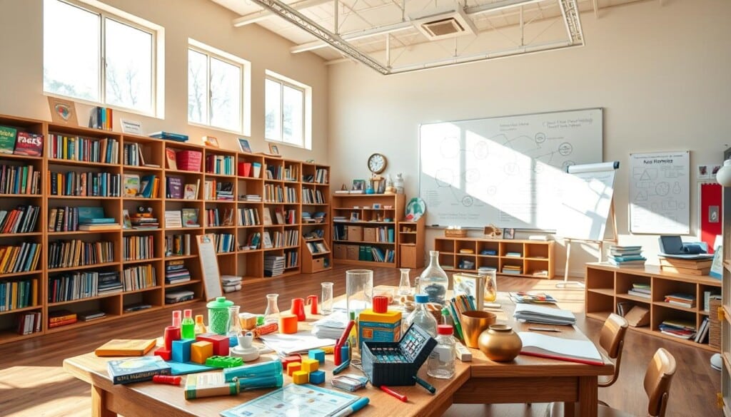 A well-lit, expansive classroom filled with an array of educational resources. Shelves line the walls, showcasing colorful textbooks, workbooks, and educational kits. In the foreground, a collection of hands-on learning tools, such as building blocks, magnifying glasses, and science experiment materials, are arranged on a wooden table. The middle ground features a large, interactive whiteboard displaying intriguing diagrams and concepts. Sunlight streams through large windows, casting a warm, inviting glow over the space. The overall atmosphere is one of curiosity, discovery, and a passion for learning.