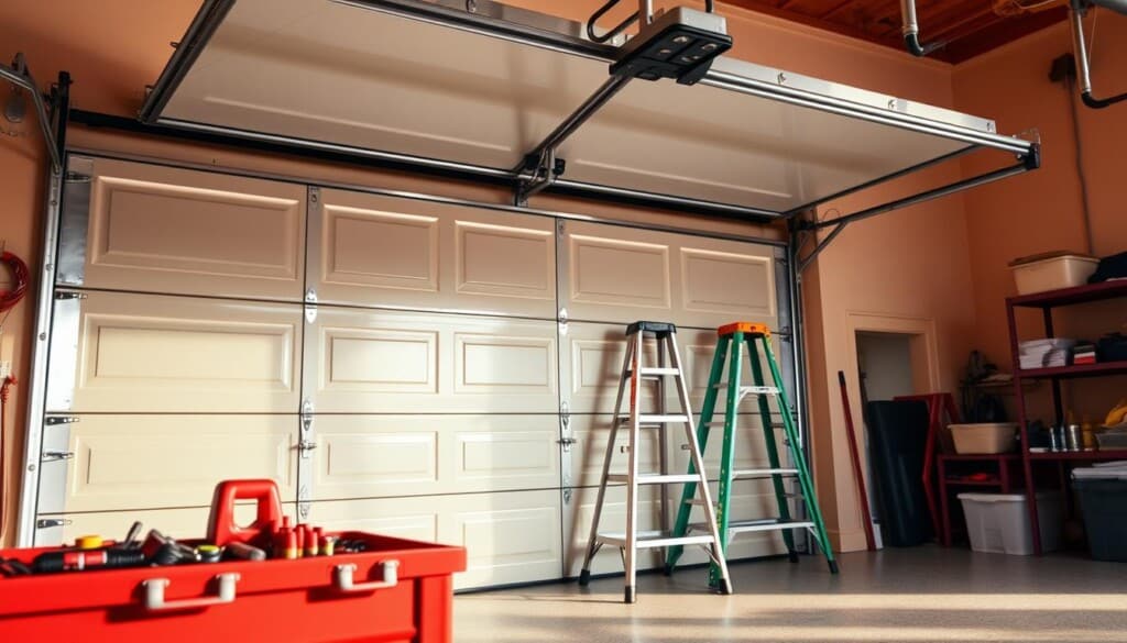 A well-lit garage interior, with a focus on a meticulously maintained garage door. The door's panels are gleaming, freshly cleaned, and free of any blemishes. The metal hardware and rollers are neatly lubricated, ensuring smooth, quiet operation. In the foreground, a toolbox and various garage maintenance tools are neatly arranged, conveying a sense of diligent upkeep. The mid-ground features a ladder, suggesting recent inspection and adjustments to the door's mechanisms. The background showcases a tidy, organized garage space, with stored items and shelving visible, creating a cohesive, professional atmosphere. Warm, directional lighting casts subtle shadows, highlighting the door's contours and the attention to detail in its maintenance.