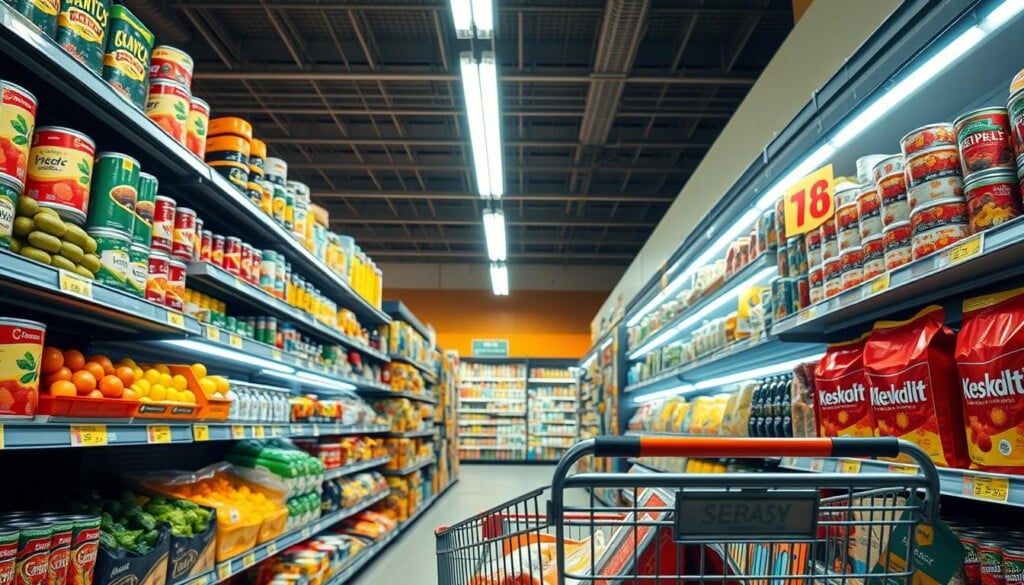 A well-lit grocery store aisle, shelves stocked with vibrant produce, canned goods, and packaged items. A shopper's cart filled with discounted supermarket staples. Bright fluorescent lighting illuminates the scene, casting a warm glow. The angle is slightly elevated, giving a birds-eye view of the deals and savings. The overall atmosphere is one of abundance and financial prudence, capturing the essence of finding the best bargains in the neighborhood market.