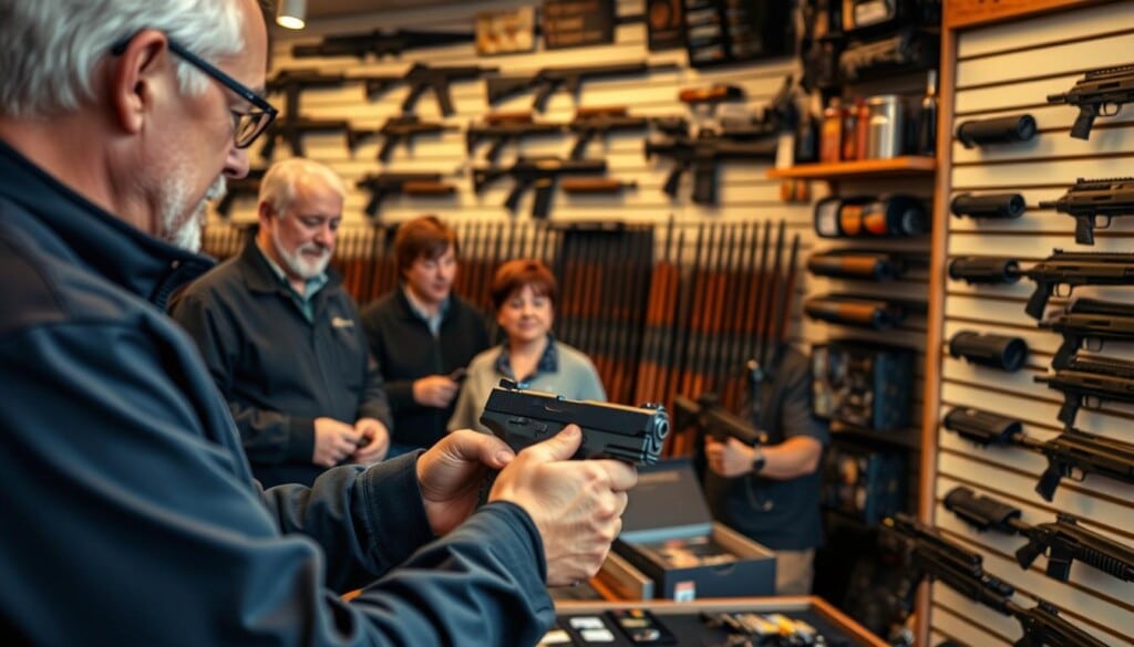 A well-lit gun store interior, showcasing an array of firearms on display. In the foreground, a customer examines a handgun, carefully inspecting the details. Salespeople in the middle ground offer guidance, explaining features and safety protocols. The background features shelves stocked with a variety of rifles, shotguns, and ammunition, creating a sense of expertise and selection. Soft, neutral lighting illuminates the scene, conveying a professional, educational atmosphere for responsible firearm purchasing.