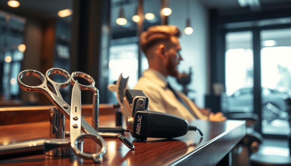 A well-lit, high-angle close-up shot of a stylish modern barbershop counter, with a sharp focus on a collection of classic barbering tools - shiny scissors, straight razors, and a vintage electric clipper. In the background, a blurred reflection of a well-dressed man in a barber's chair, his freshly trimmed hair glistening under the warm, diffused lighting. The overall mood is one of professionalism, attention to detail, and a timeless, masculine ambiance - setting the stage for a transformative, tailored grooming experience.