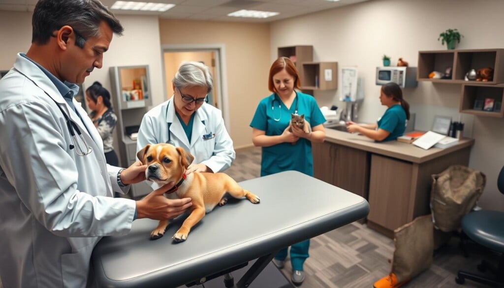 A well-lit, high-angle shot of a busy veterinary clinic, with two skilled veterinarians in white coats and scrubs attentively examining a small dog on an examination table in the foreground. In the middle ground, a cat is being cradled by a veterinary technician, while in the background, a receptionist assists a client at the front desk. The scene conveys a sense of professionalism, empathy, and dedication to providing quality pet care.