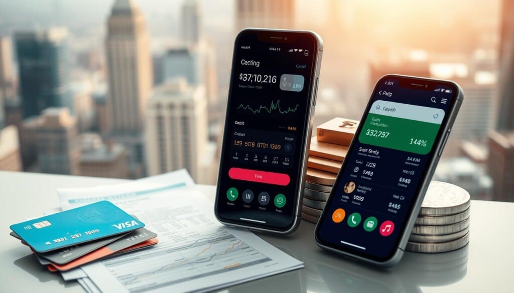 A well-lit, high-angle shot of a diverse array of financial products: a stack of credit cards, a debit card, a bank statement, an investment report, and a mobile banking app displayed on a sleek, modern smartphone. The scene is set against a blurred background of a bustling city skyline, symbolizing the integration of banking and finance into everyday urban life. The image conveys a sense of efficiency, convenience, and the seamless integration of traditional and digital financial services.