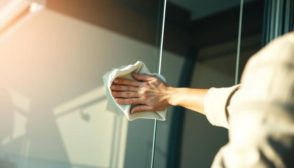 A well-lit, high-angle shot of a person carefully cleaning a large, crystal-clear glass window. The foreground features the person's hands gently wiping the surface with a microfiber cloth, highlighting the meticulous attention to detail. The middle ground showcases the expansive, spotless window, its transparency reflecting the surroundings. The background subtly blurs, creating a sense of depth and focus on the task at hand. The lighting is soft and diffused, casting a warm, natural glow that emphasizes the smooth, reflective nature of the glass. The overall atmosphere conveys a serene, professional approach to glass maintenance, suitable for an article on the topic.