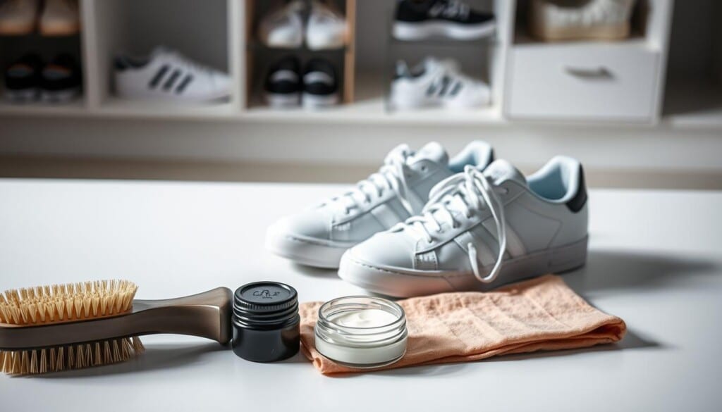 A well-lit, high-angle shot of an assortment of trainer care essentials laid out on a clean, white surface. In the foreground, a soft-bristle brush, a cloth, and a small jar of leather conditioner. In the middle ground, a pair of trainers being carefully wiped down, showcasing their pristine, gleaming condition. In the background, a blurred image of a pair of clean, neatly organized shoe shelves, conveying a sense of order and attention to detail. The overall mood is one of care, diligence, and a dedication to maintaining the quality and longevity of treasured trainers.