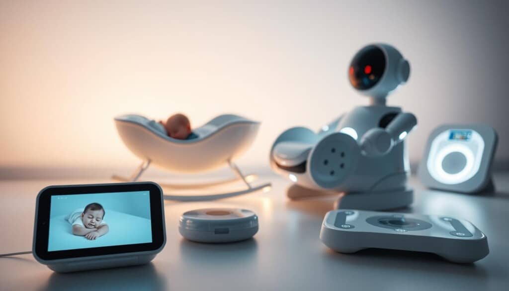 A well-lit, high-angle tableau showcasing an array of cutting-edge baby products against a clean, minimalist backdrop. In the foreground, a smart baby monitor with a sleek, modern design, its display showing a peaceful infant sleeping. In the middle ground, a robotic baby rocker gently swaying, its smooth, futuristic lines reflecting the ambient lighting. In the background, a smart baby bottle warmer and a high-tech baby scale, their digital interfaces illuminating the scene with a soft, ambient glow. The overall atmosphere is one of refined technological sophistication, perfectly suited to highlight the "Smart Technology in Baby Products" section of the article.