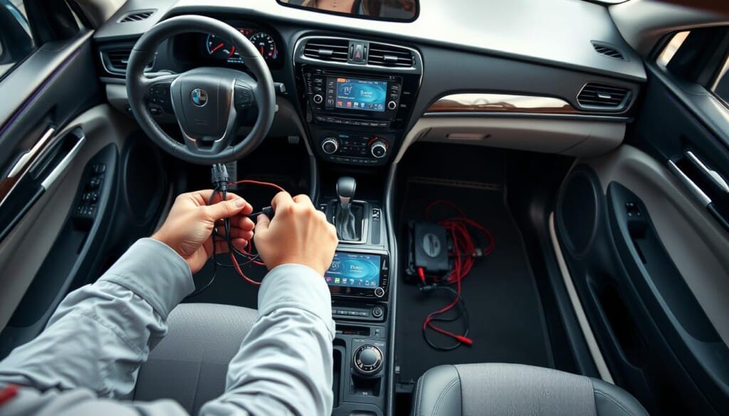 A well-lit, high-angle view of a car's interior, showcasing the process of professional car audio installation. In the foreground, a technician's hands carefully wiring and connecting various components, such as speakers, amplifiers, and a touchscreen head unit. The middle ground features an open center console, revealing the intricate layout of the installation. In the background, the car's dashboard and upholstery provide a clean, modern backdrop, highlighting the precision and attention to detail of the setup. The overall atmosphere conveys a sense of expertise, organization, and a commitment to delivering a top-quality audio experience for the vehicle's owner.