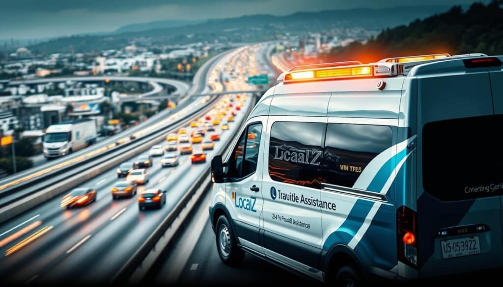A well-lit, high-angle view of a modern, sleek roadside assistance vehicle operated by the company "LocalZ". The vehicle is prominently displayed in the foreground, with its distinctive branding and signage clearly visible. In the middle ground, a busy highway with flowing traffic can be seen, suggesting the vehicle's purpose of providing 24-hour emergency service to stranded motorists. The background features a mix of urban and suburban elements, hinting at the company's widespread coverage. The overall mood is one of professionalism, efficiency, and a commitment to customer service.