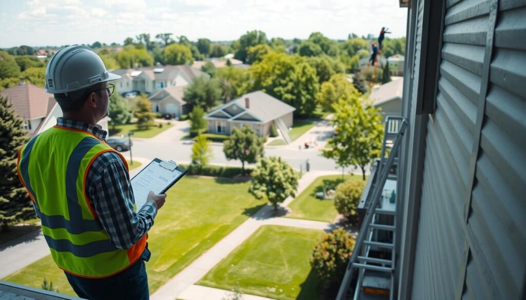 A well-lit, high-angle view of a residential building undergoing a professional inspection. In the foreground, a building inspector in a hard hat and safety vest examines the property's exterior, clipboard in hand. The middle ground features a maintenance crew working on the roof, using ladders and tools. In the background, a suburban neighborhood with neatly manicured lawns and trees provides a peaceful, verdant setting. The scene conveys a sense of diligence, attention to detail, and a commitment to ensuring the structural integrity and safety of the building.