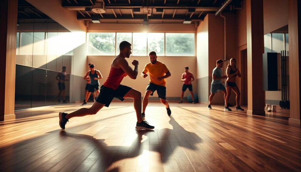 A well-lit, high-energy fitness studio with a hardwood floor. In the foreground, a muscular person in athletic wear performing dynamic squash-inspired exercises, like lunges, squats, and burpees. In the middle ground, a squash court with a glass back wall, allowing a view of the action. The lighting is warm and focused, casting long shadows and highlighting the subject's movements. The overall atmosphere is one of intense, focused training - a visual representation of "Building Endurance and Strength" through squash-based fitness.