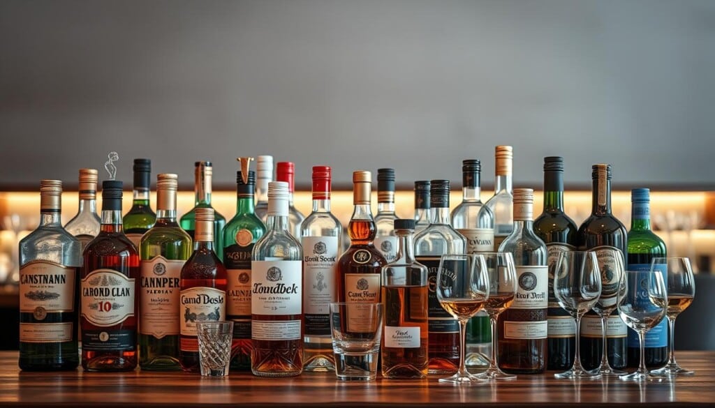 A well-lit, high-quality photograph of a diverse selection of premium liquor bottles and glassware arranged on a wooden tabletop. The foreground showcases a variety of liquor bottles with distinctive labels, shapes, and colors, including whiskey, vodka, gin, rum, and tequila. The middle ground features various glassware such as highball glasses, snifters, and wine glasses, complementing the liquor selection. The background softly blurs into a neutral but warm-toned setting, creating a sophisticated and inviting atmosphere. The overall composition emphasizes the breadth and quality of the liquor offerings, capturing the essence of an exceptional liquor store experience.