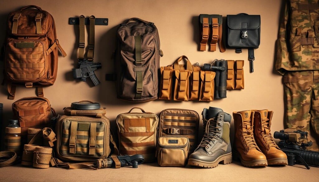 A well-lit, high-quality photograph showcasing a variety of tactical military surplus gear, including rugged backpacks, durable utility pouches, sturdy boots, and camouflage uniforms. The items are neatly arranged on a neutral background, highlighting their premium construction and functionality. Warm lighting casts subtle shadows, emphasizing the textural details and premium materials. The overall scene conveys a sense of reliability, durability, and the quality one would expect from army surplus equipment found at a specialty store.