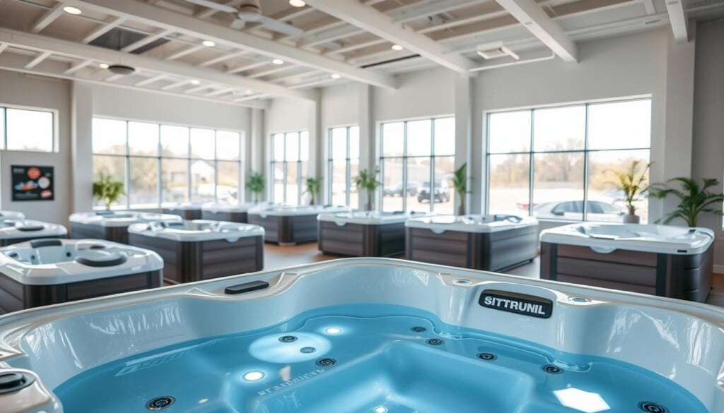 A well-lit, high-quality showroom displaying an array of premium hot tub brands. In the foreground, an elegant, sleek hot tub with integrated lighting and hydrotherapy jets. In the middle ground, several additional hot tub models showcased in a spacious, modern setting with stylish tiling and minimalist decor. The background features large windows allowing natural light to flood the space, creating a warm, inviting atmosphere. The overall composition emphasizes the quality, features, and visual appeal of the hot tub options available to customers.