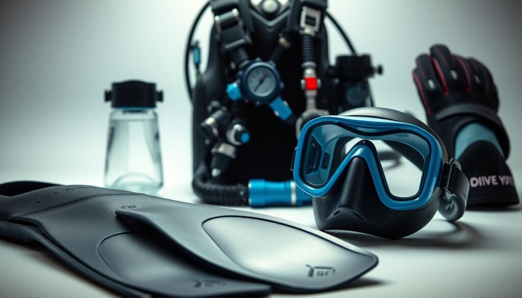 A well-lit, high-quality still life capturing the essential diving gear. In the foreground, a sleek black wetsuit, fins, and a mask with a reflective surface. In the middle ground, a scuba tank with a regulator and a buoyancy control device in a vibrant blue hue. Behind them, a depth gauge, dive computer, and a sturdy pair of diving gloves are neatly arranged. The lighting is soft and diffused, creating a sense of depth and highlighting the textures of the equipment. The overall composition is balanced and symmetrical, conveying a sense of order and preparedness for the underwater adventure to come.