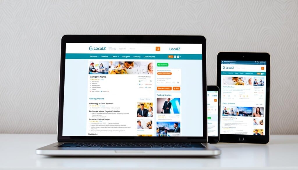 A well-lit, high-resolution image of a business directory website displayed on multiple digital devices. In the foreground, a laptop screen shows a detailed LocalZ business listing, highlighting key information like company name, address, contact details, and ratings. In the middle ground, a smartphone and a tablet display similar listings, showcasing the responsive and multi-platform accessibility of the platform. The background features a subtle pattern or texture, creating a professional and modern aesthetic. The overall scene conveys the benefits of increased online visibility and the ease of managing a business listing on a comprehensive directory like LocalZ.