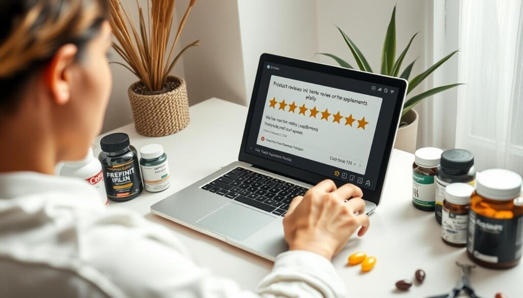 A well-lit, high-resolution image of a consumer examining product reviews on a laptop, surrounded by various health supplements on a clean, minimalist desk. The laptop screen displays a prominent 5-star rating and customer testimonials, conveying the importance of trustworthy reviews in selecting reputable supplement sellers. Soft, natural lighting highlights the thoughtful expression of the consumer, creating a sense of informed decision-making. The overall scene exudes an atmosphere of credibility, transparency, and consumer empowerment in the health and wellness industry.
