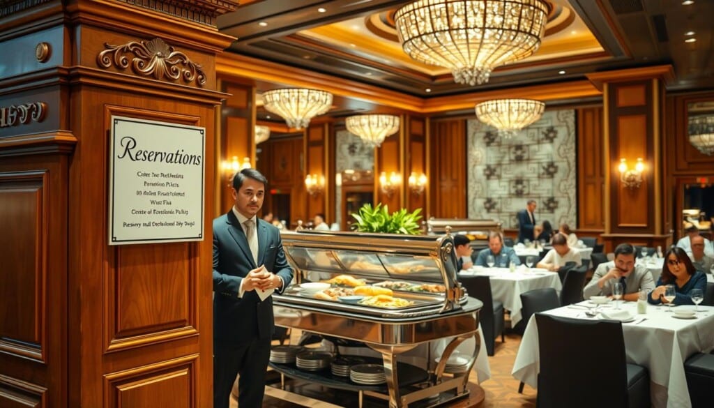 A well-lit, high-resolution image of a lavish buffet restaurant interior, featuring an ornate wooden podium with a "Reservations" sign prominently displayed at the entrance. In the foreground, a smartly dressed host greets guests and provides information about reservation policies. The middle ground showcases an array of delectable dishes arrayed on gleaming metal chafing dishes, while in the background, elegantly-dressed diners are seated at white-linen covered tables, enjoying their meals. The lighting is warm and inviting, creating a sense of anticipation and culinary indulgence. The overall scene conveys a sense of refined dining and exceptional service, reflecting the high-quality experience one would expect at a premier buffet establishment.