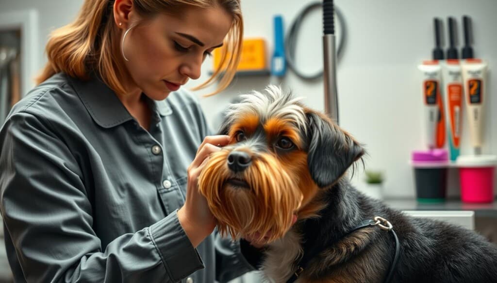 A well-lit, high-resolution image of a person carefully examining a dog's coat, with a professional grooming table and supplies in the background. The groomer's face is focused, their hands gently brushing the dog's fur. The dog's expression is calm and trusting. The scene conveys a sense of expertise, care, and the importance of choosing the right groomer to ensure a positive experience for both the pet and the owner. The image is shot from a slightly elevated angle, giving a comprehensive view of the grooming process.