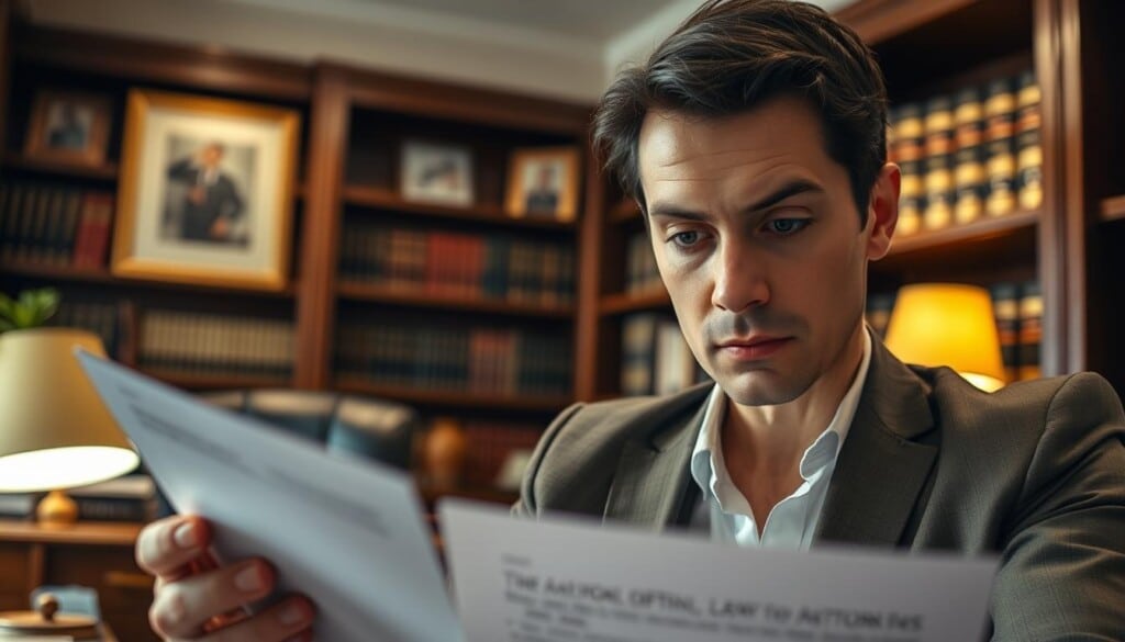 A well-lit, high-resolution image of a person thoughtfully reviewing legal documents in an office setting. The focus is on the person's face, serious yet determined expression, as they carefully consider their options for a DWI case. The background is a tastefully decorated law office, with bookshelves, a desk, and a comfortable chair. The lighting is warm and inviting, creating a professional and trustworthy atmosphere. The angle is slightly elevated, giving the viewer a sense of the attorney's expertise and authority. The overall tone is one of competence, reliability, and the ability to provide a strong defense.