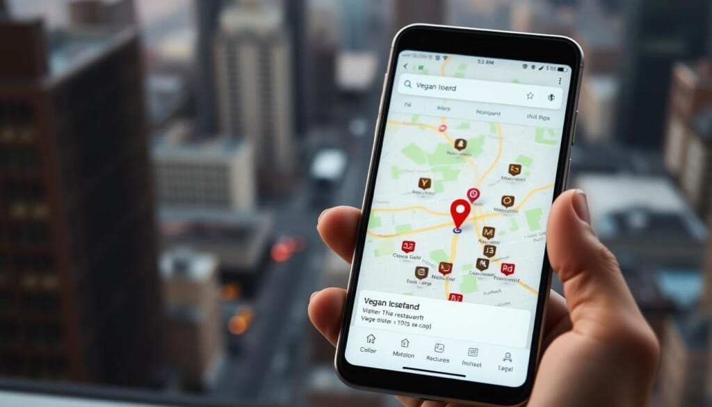 A well-lit, high-resolution image of a smartphone screen displaying a vibrant, user-friendly map application. The foreground features a central map marker indicating the user's location, surrounded by a collection of nearby restaurant icons labeled with "Vegan" and other relevant details. The middle ground showcases a clean, intuitive interface with search bars, filters, and navigation options, all designed to guide the user towards discovering the best vegan food options in their vicinity. The background presents a softly blurred cityscape, suggesting an urban environment rich with diverse dining opportunities. The overall mood is one of ease, accessibility, and a sense of culinary adventure, inviting the viewer to explore and discover new vegan-friendly establishments within their local community.