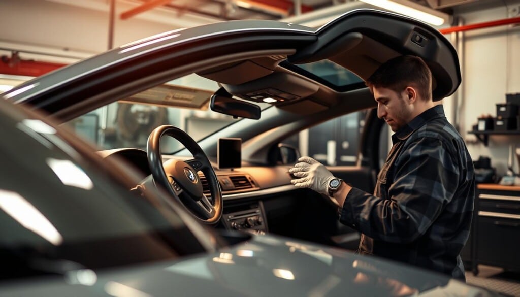 A well-lit, high-resolution image of a vehicle undergoing a thorough inspection, with a mechanic carefully examining the interior, exterior, and various components. The scene is set in a clean, organized auto repair shop, with a mix of natural and artificial lighting that casts a warm, inviting glow. The mechanic is wearing a uniform and using specialized tools to meticulously inspect the vehicle, conveying a sense of professionalism and attention to detail. The perspective is slightly elevated, allowing the viewer to observe the entire process. The image exudes a sense of care, precision, and a commitment to ensuring the rental car is in optimal condition before being handed over to the customer.