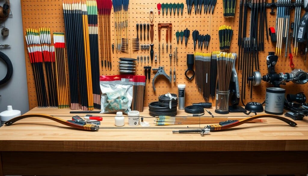 A well-lit, high-resolution image of a wooden workbench with various archery maintenance tools meticulously arranged. In the foreground, a recurve bow and a quiver of arrows are being carefully inspected and cleaned. In the middle ground, a set of bowstrings, string wax, and a bow press are neatly organized. The background showcases a pegboard displaying a diverse array of archery accessories, including arrow shafts, broadheads, and a bow sight. The scene exudes a sense of order, attention to detail, and a dedication to maintaining archery equipment in pristine condition.